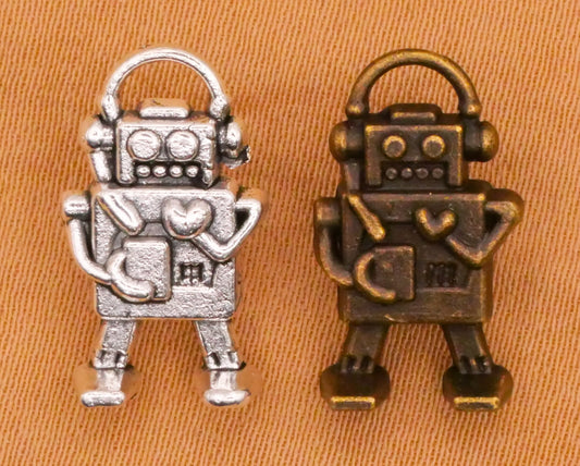 Robot Toy Heart Silver or Bronze Metal Button 10x17mm