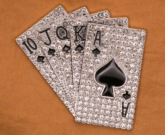 Royal Flush Playing Cards Spade Rhinestone Silver Metal Large Button 40x44mm