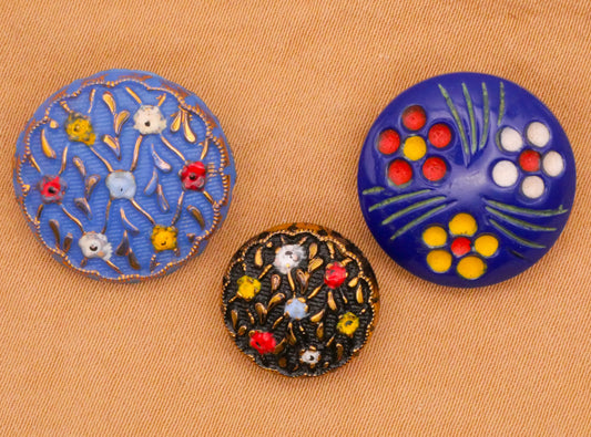 Flower Design Hand-Painted Vintage Glass Button Various 13-18mm