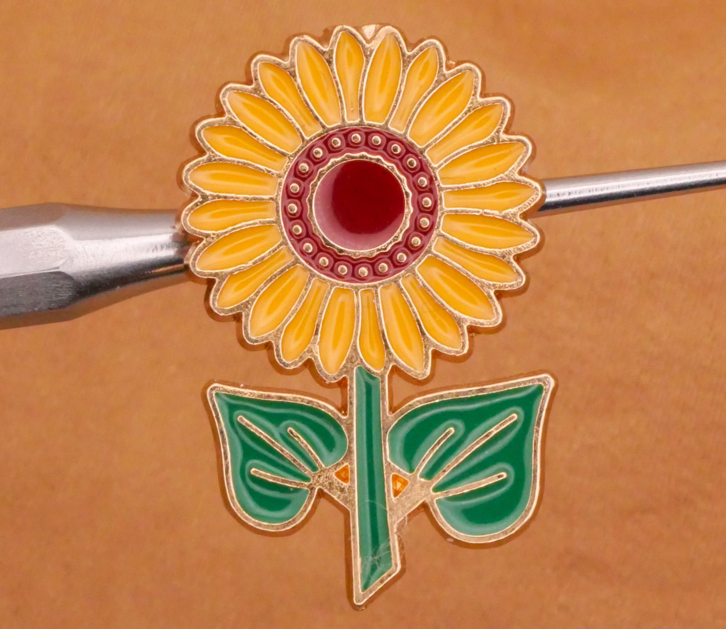 Sunflower Flower Stalk Enamel Metal Button 16x24mm