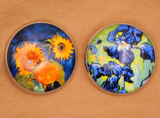 Van Gogh Sunflowers or Irises Glass Dome Silver Metal Button Various 27mm