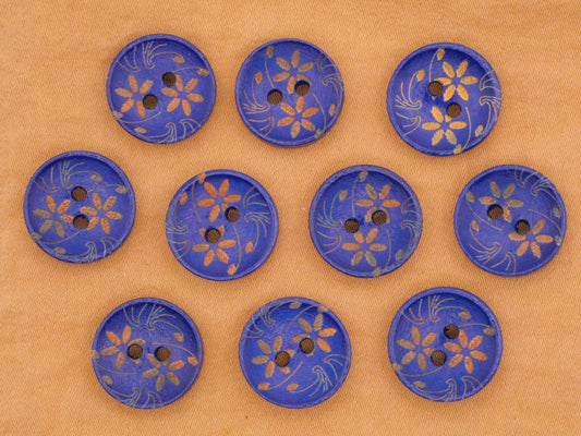 Flower Blue Etched Wood Set of Ten Buttons 15mm