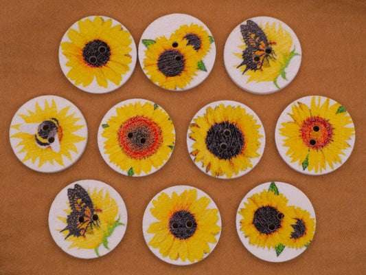 Sunflower Flower Wood Assorted Set of Ten Buttons 20mm