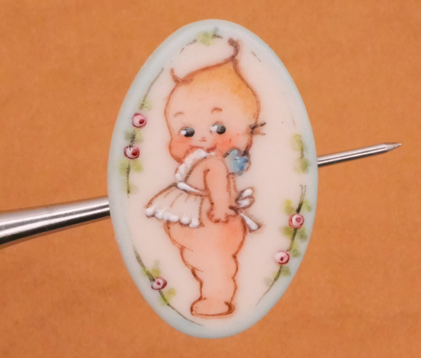 Kewpie Doll Apron Hand-Painted Porcelain Ceramic Button 18x29mm