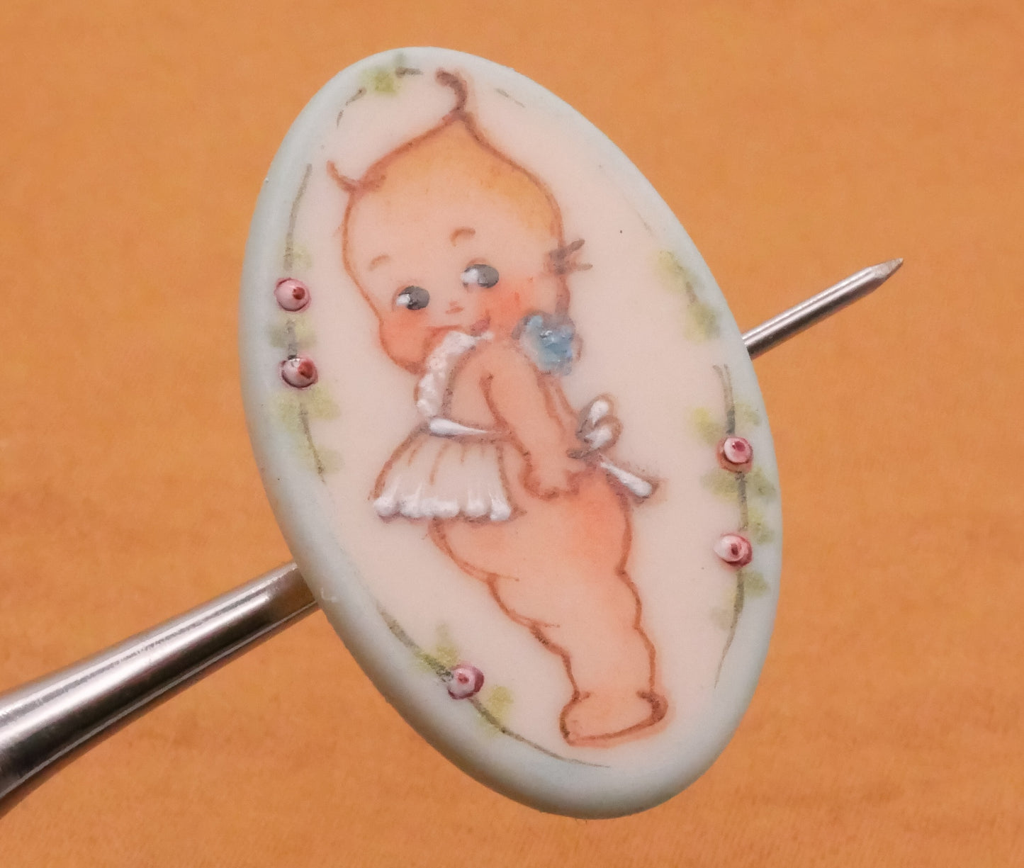 Kewpie Doll Apron Hand-Painted Porcelain Ceramic Button 18x29mm
