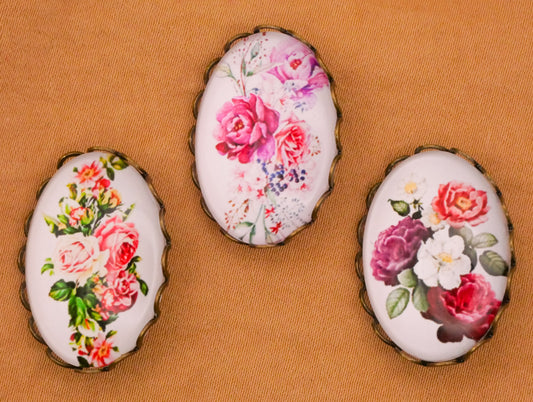 Flower Floral Pinks Oval Glass Dome Bronze Metal Button Various 19x26mm