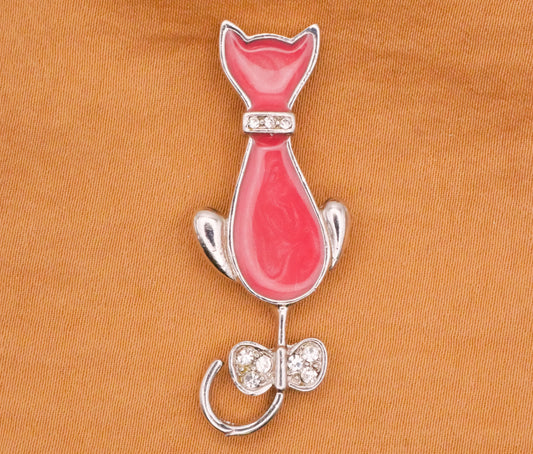 Cat Bow Pink Large Enamel Silver Metal Button 16x44mm
