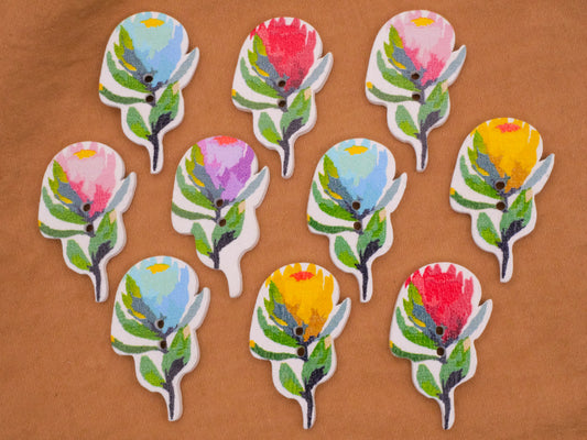 Flower Bud Colorful Wood Set of Ten Buttons 20x30mm