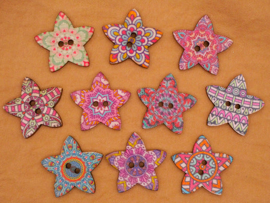 Star Starfish Patterns Wood Assorted Set of Ten Buttons 25mm