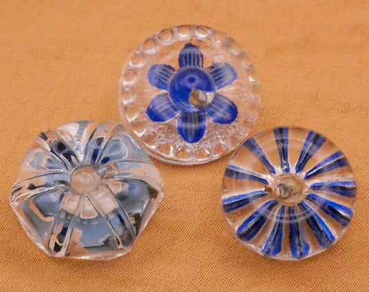Blue Reverse Painted Intaglio Vintage Glass Button Various 16-17mm