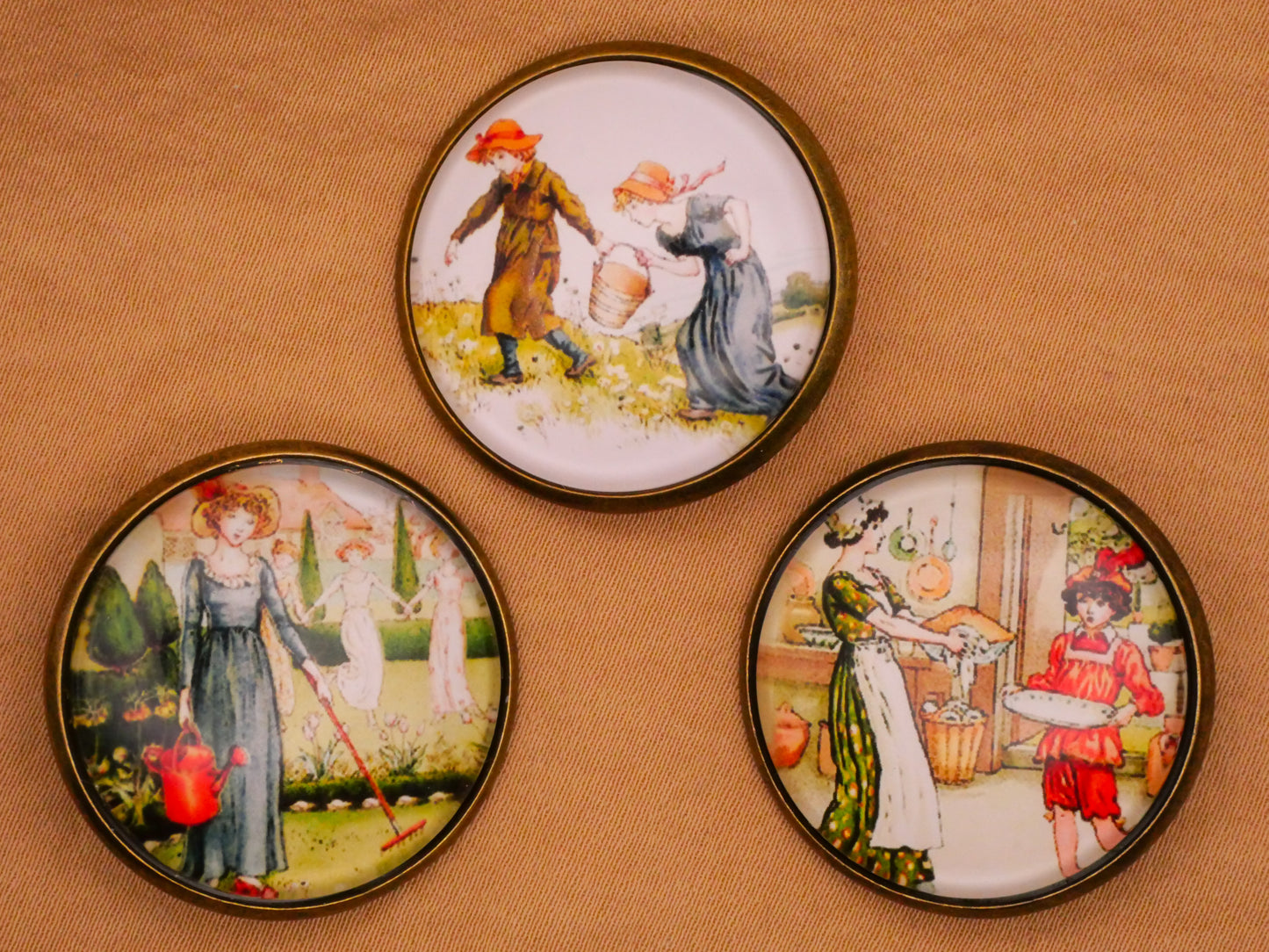 Nursery Rhyme Kate Greenaway Glass Dome Bronze Metal Button Various 28mm