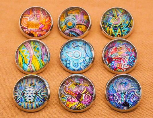 Tribal Patterns Colorful Glass Dome Silver Metal Button Various 14mm