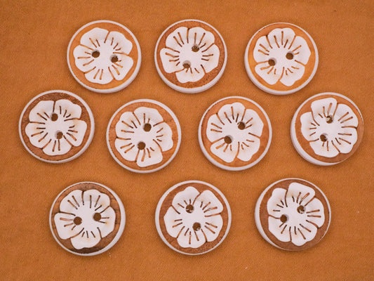 Tropical Flower White Wood Set of Ten Buttons 18mm