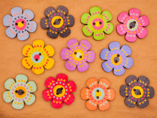 Flower Scallop Edge Colorful Wood Assorted Set of Ten Buttons 25mm