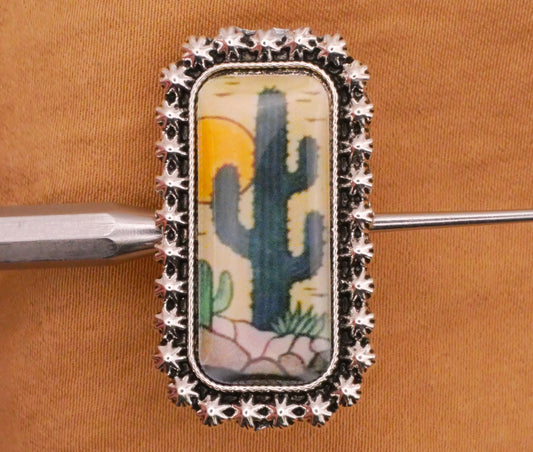 Cactus Sun Landscape Rectangular Silver Metal Button 17x30mm