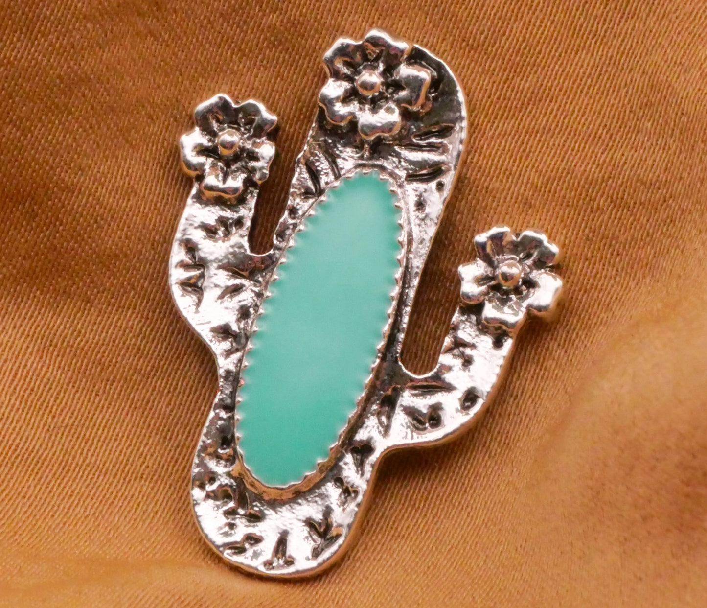 Cactus Flowers Turquoise Enamel Hammered Silver Metal Button 22x28mm