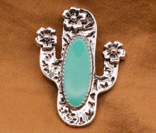 Cactus Flowers Turquoise Enamel Hammered Silver Metal Button 22x28mm
