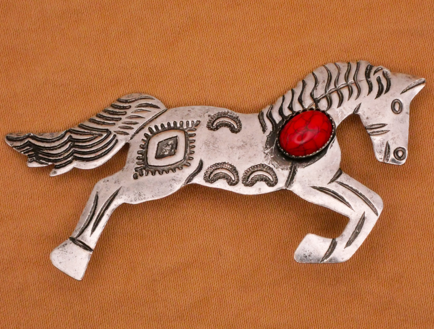 Horse Galloping Thin Stamped Metal Red Stone Large Button 30x61mm