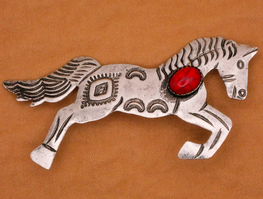 Horse Galloping Thin Stamped Metal Red Stone Large Button 30x61mm