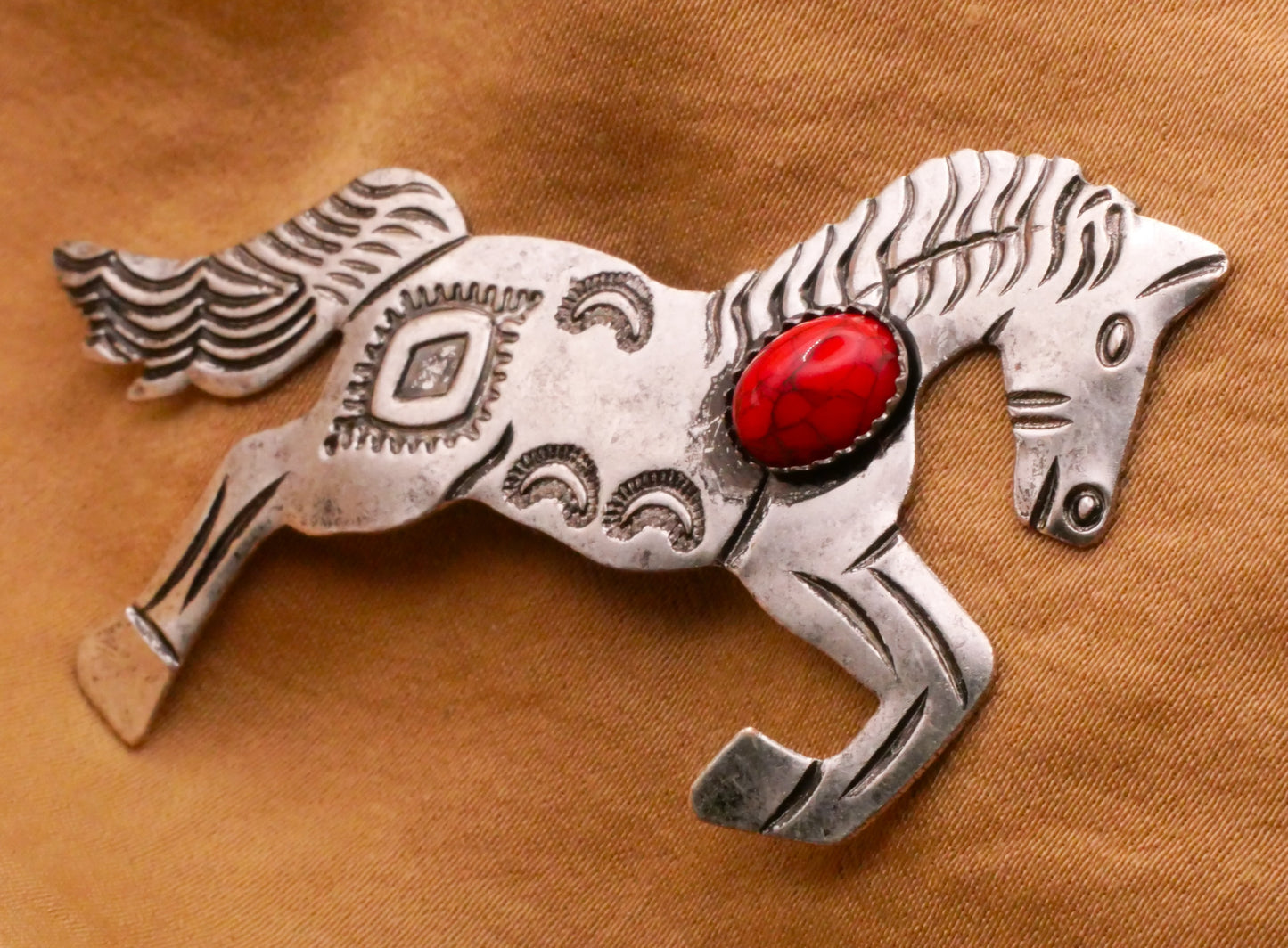 Horse Galloping Thin Stamped Metal Red Stone Large Button 30x61mm