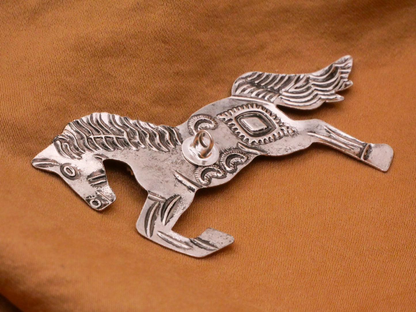 Horse Galloping Thin Stamped Metal Red Stone Large Button 30x61mm