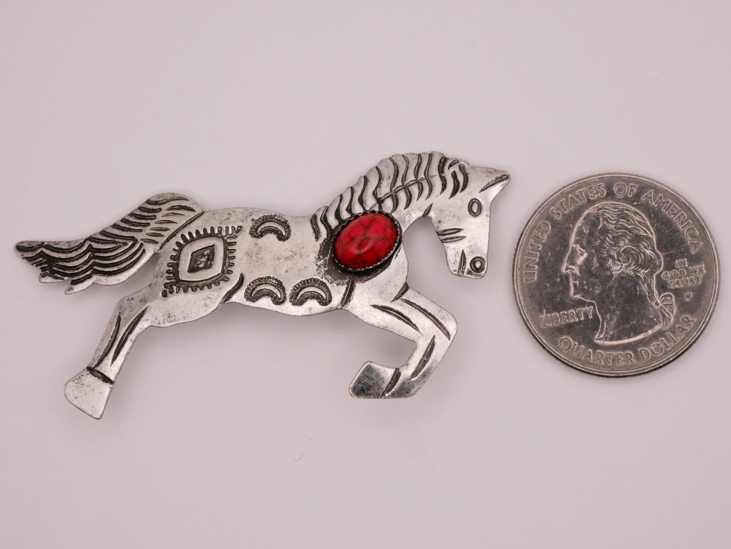 Horse Galloping Thin Stamped Metal Red Stone Large Button 30x61mm