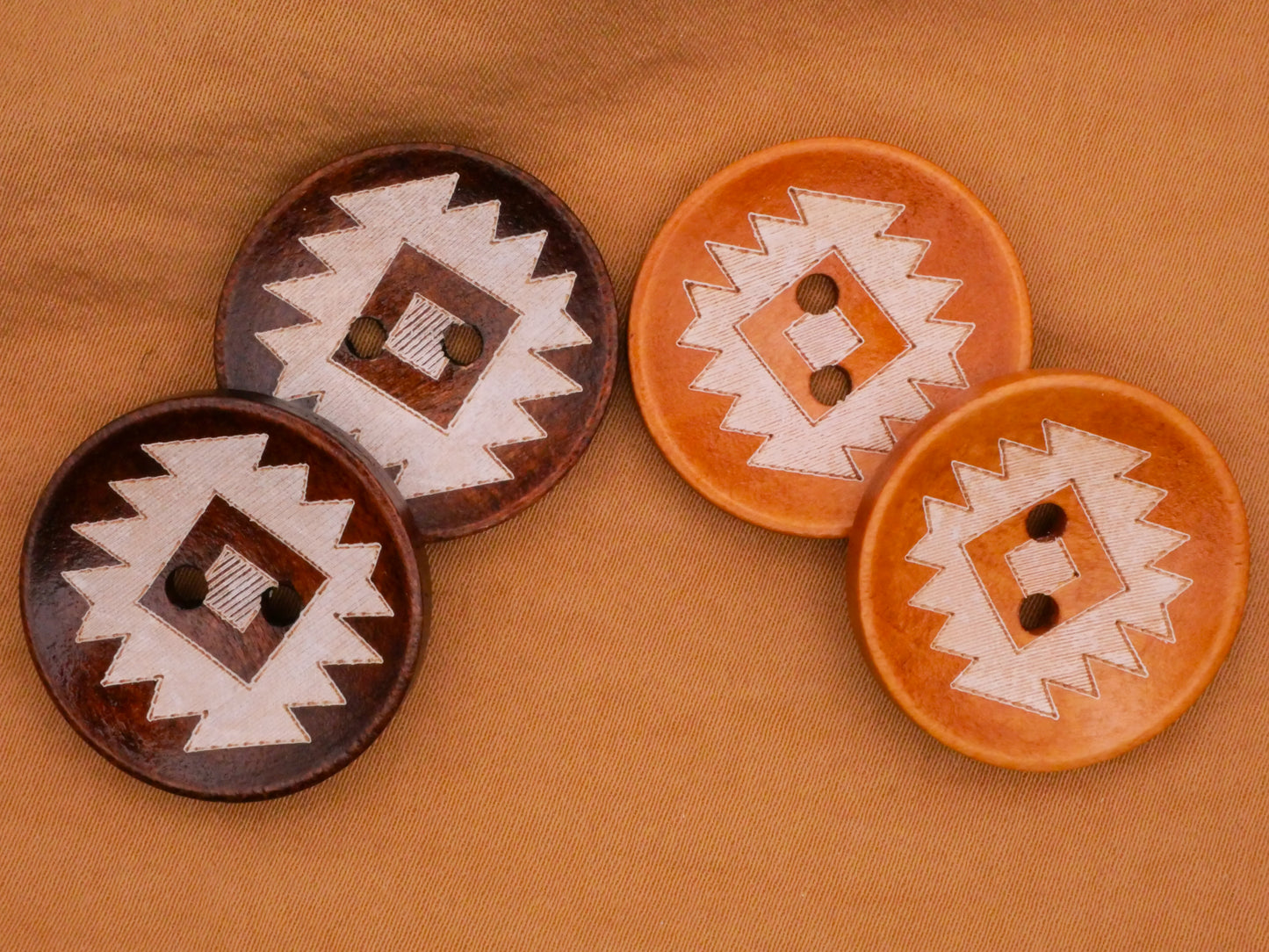 Southwest Pattern Design Dark Honey Wood Set of Four Buttons 25mm