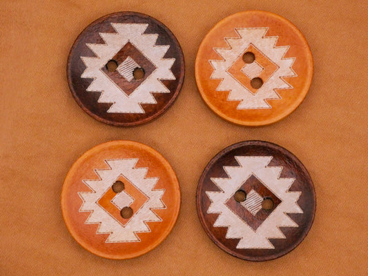 Southwest Pattern Design Dark Honey Wood Set of Four Buttons 25mm