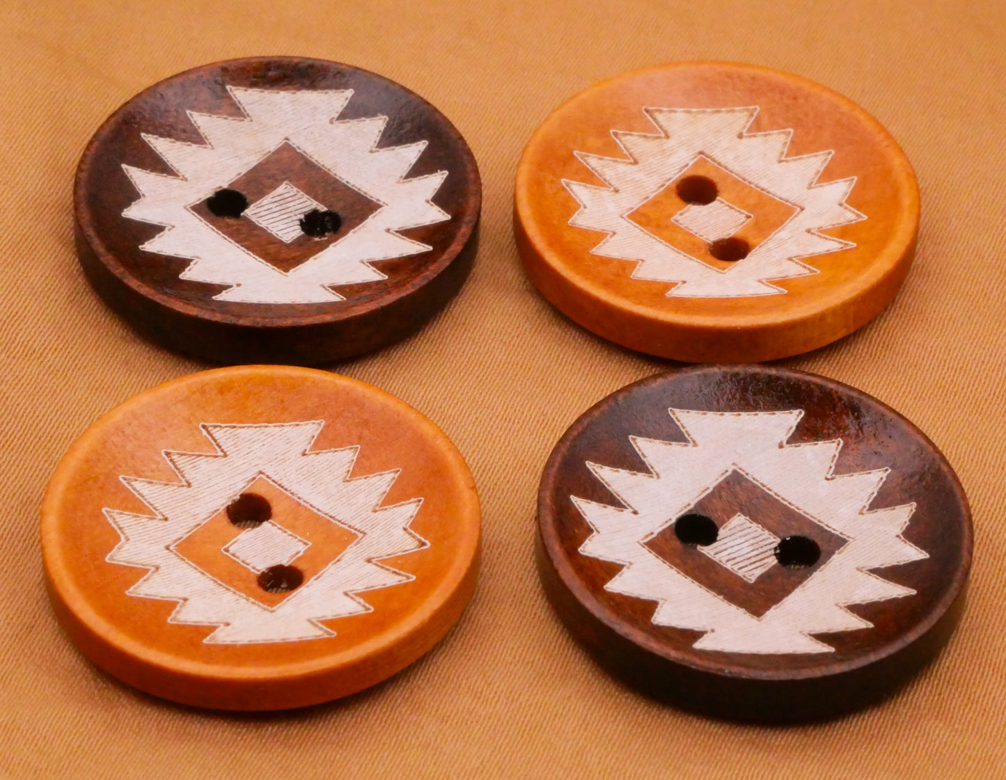 Southwest Pattern Design Dark Honey Wood Set of Four Buttons 25mm