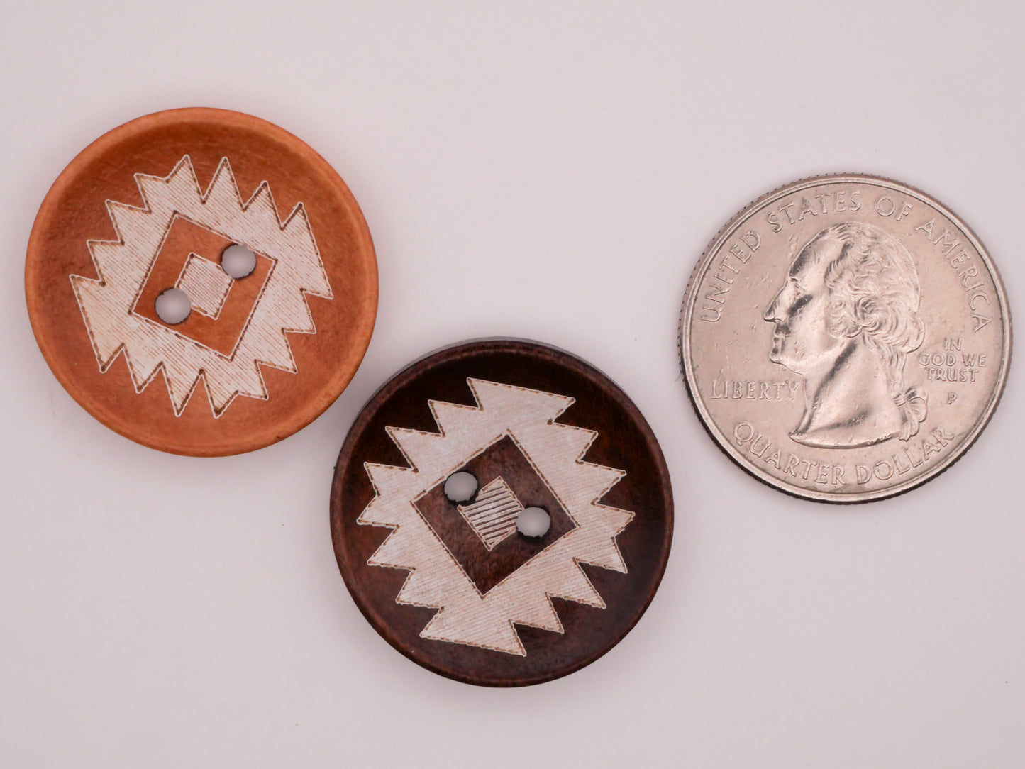 Southwest Pattern Design Dark Honey Wood Set of Four Buttons 25mm
