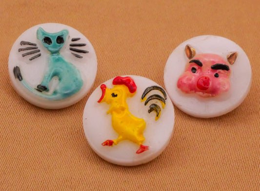 Farm Animal Hand-Painted Vintage White Glass Button Various 13mm