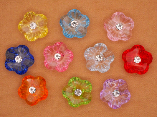 Flower Rhinestone Transparent Plastic Assorted Set of Ten Buttons 15mm