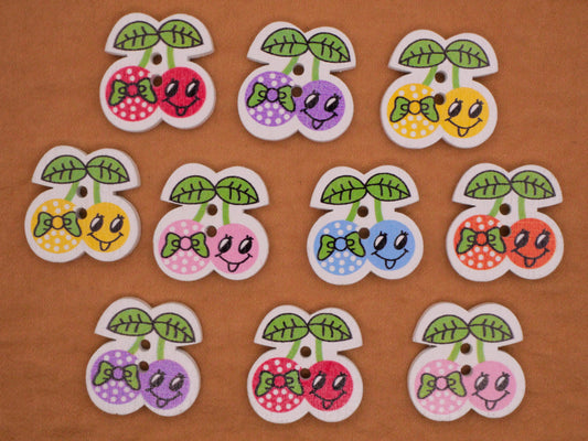 Cherry Cherries Bow Smiley Face Wood Assorted Set of Ten Buttons 20mm