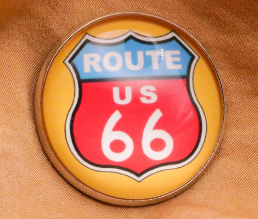 US Route 66 Highway Glass Dome Silver Metal Button 27mm