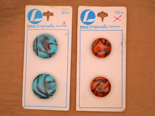 Marbled Aqua or Coral Carded Pair of Buttons Various 17-22mm