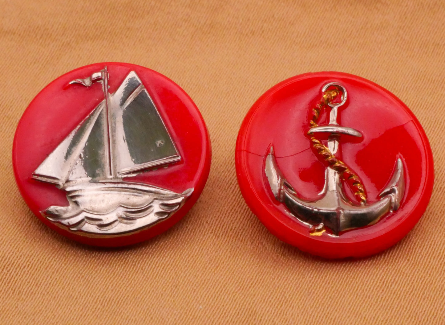 Nautical Sailboat or Anchor Vintage Silver and Red Glass Button Various 18mm