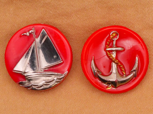 Nautical Sailboat or Anchor Vintage Silver and Red Glass Button Various 18mm