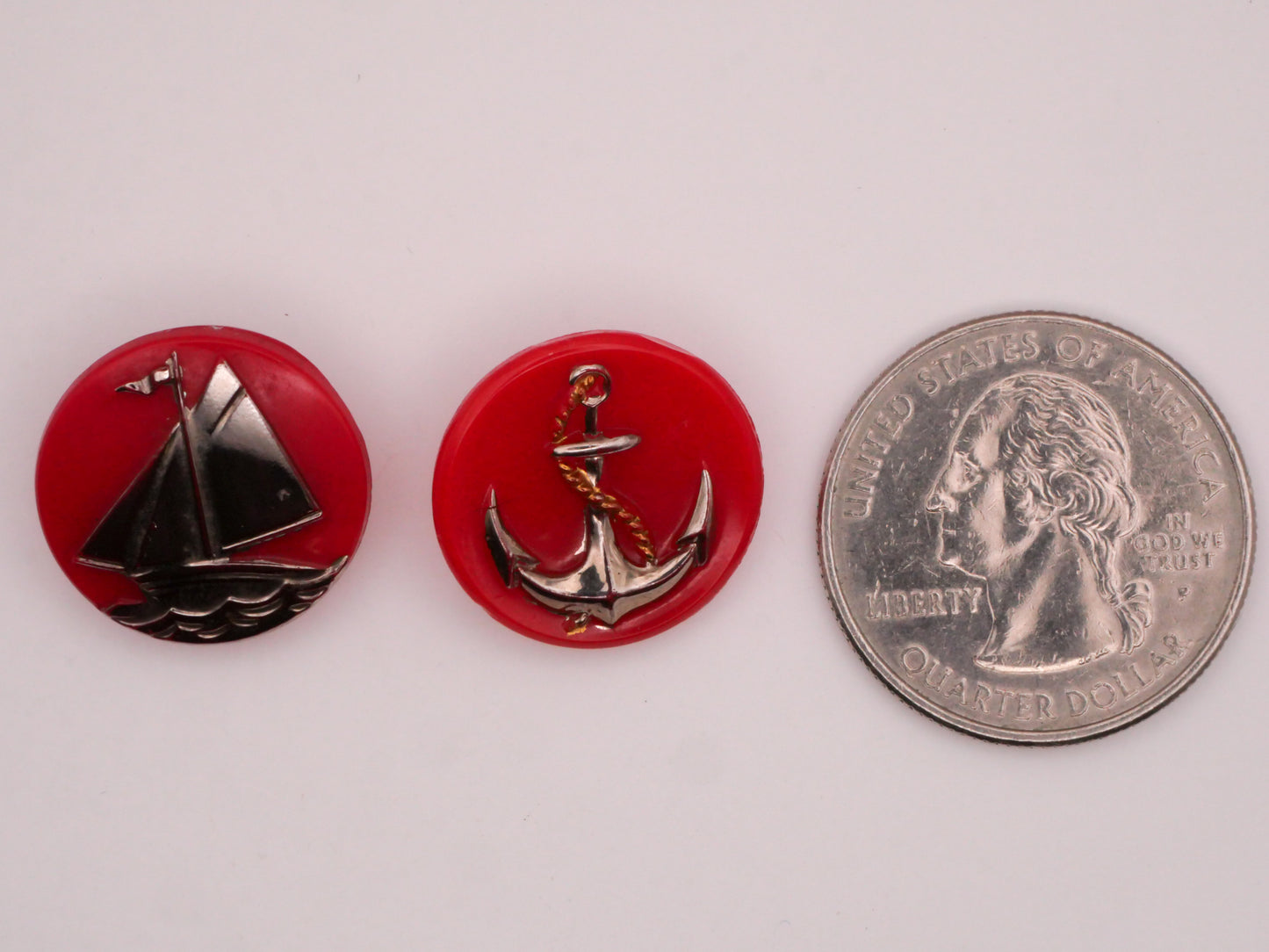 Nautical Sailboat or Anchor Vintage Silver and Red Glass Button Various 18mm