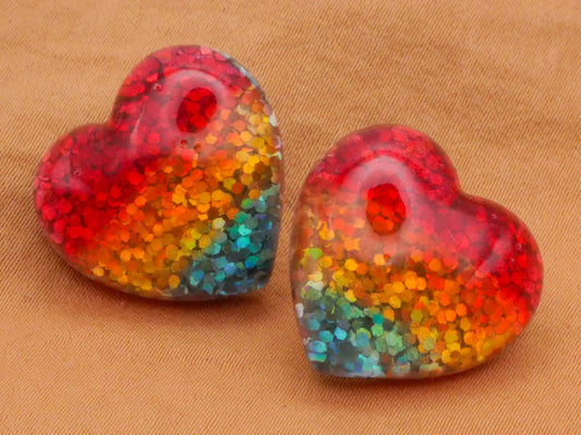 Heart Glitter Rainbow Resin Plastic Pair of Buttons 20x21mm