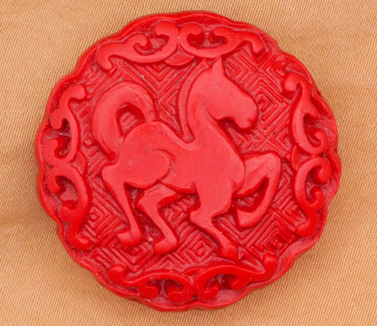 Horse Cinnabar Look Large Carved Vintage Plastic Button 32mm
