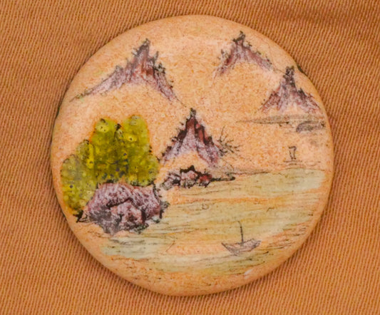 Landscape Mountain Ocean Boats Enamel Painted Metal Button 23mm