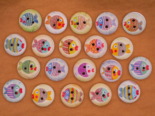 Fish Colorful Wood Assorted Set of Twenty Buttons 15mm