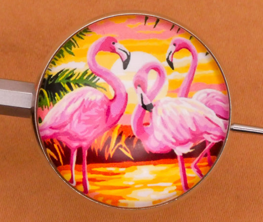 Flamingo Bird Beach Glass Silver Metal Button 27mm