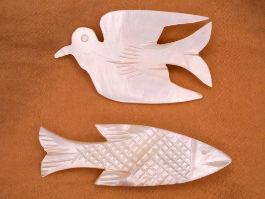 Bird or Fish Bethlehem Carved Mother of Pearl Shell Brooch Pin Embellishment 20-62mm