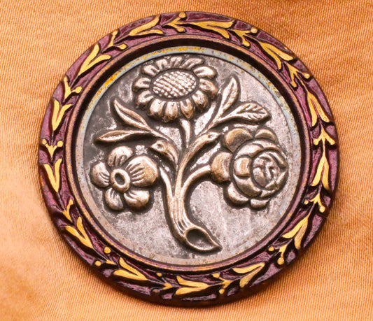 Flower Bouquet Purple Tinted Frame Victorian Large Metal Button 36mm