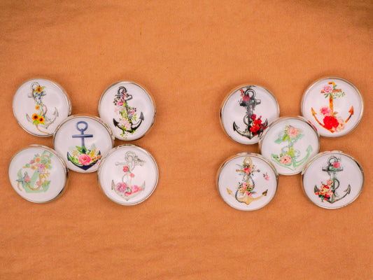 Anchor Flower Design Glass Silver Metal Set of Five Buttons Various 20mm