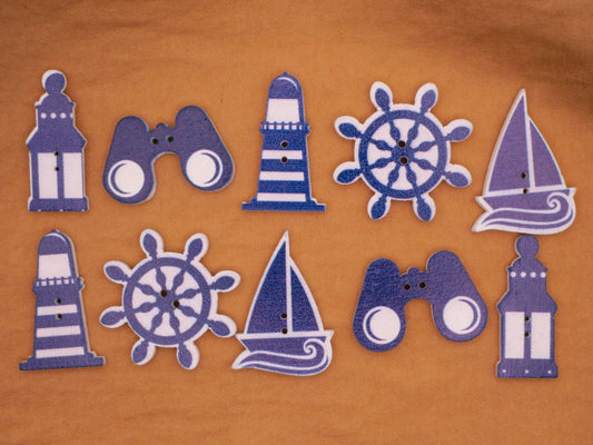 Coastal Nautical Theme Blue White Wood Assorted Set of Ten Buttons 13-30mm