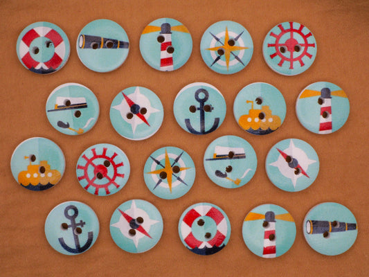 Nautical Aqua Red Yellow Blue Wood Assorted Set of Twenty Buttons 15mm