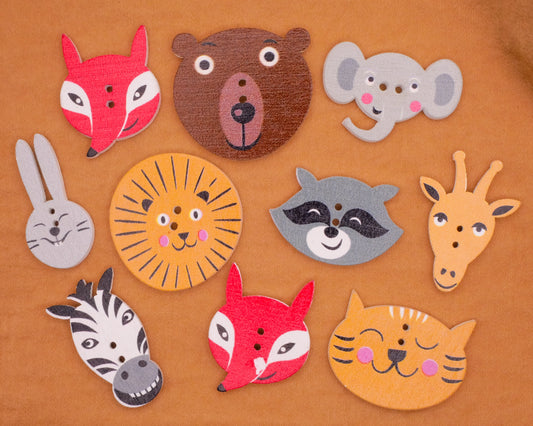 Animal Faces Wood Assorted Set of Ten Buttons 15-30mm
