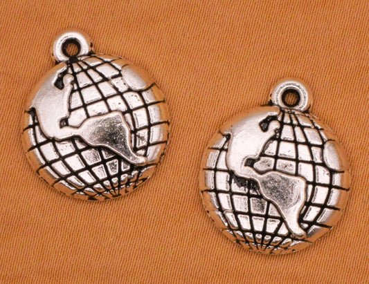 Earth Globe Grid Silver Metal Pair of Charms Embellishments 16x20mm